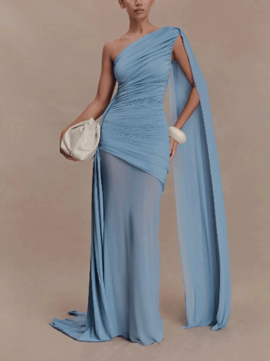 Amy One Shoulder Sheer Cape Dress