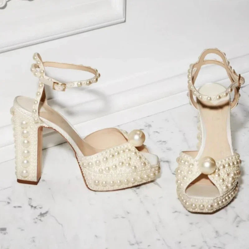Pearl-Embellished Satin Platform Heels