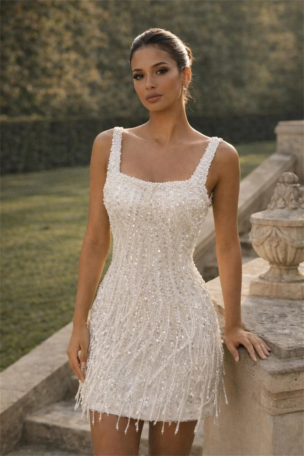 Custom Beaded Tassel Mini Dress – Square Neck Bridal After-Party