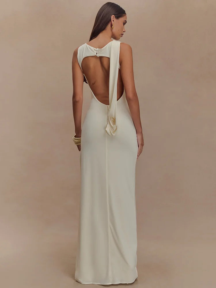 Paola Backless Ruched Dress – white – open-back detail