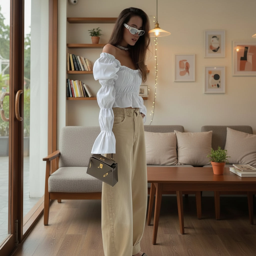 Woman in a white top and beige pants holding a brown handbag, standing in a modern architectural.