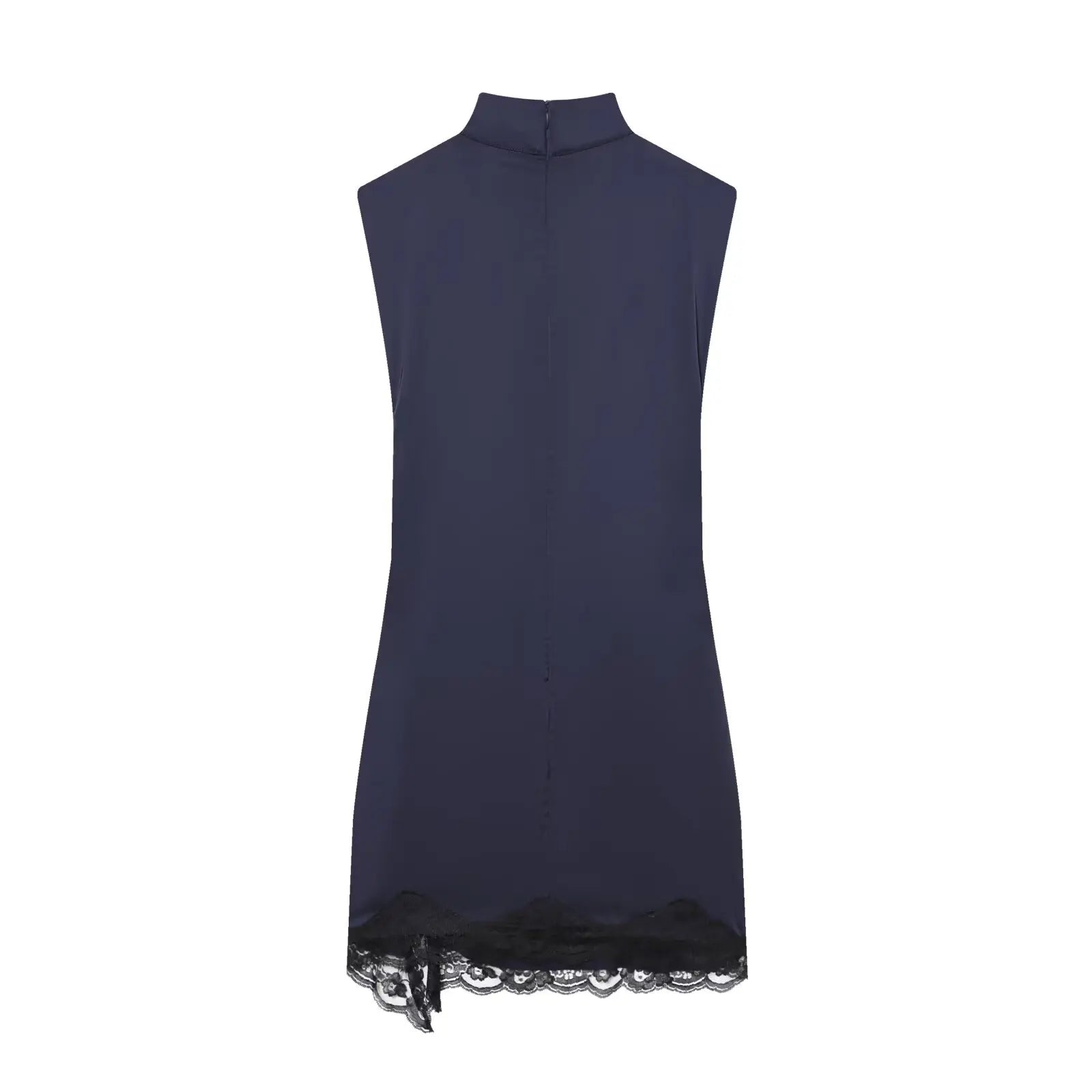 Navy sleeveless dress with lace trim on a white background