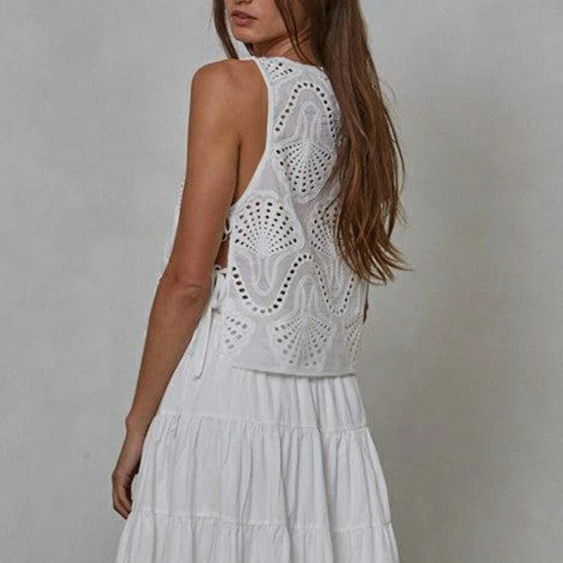 Lola Eyelet Side Bow Tied Top — shirts & tops in black — front view