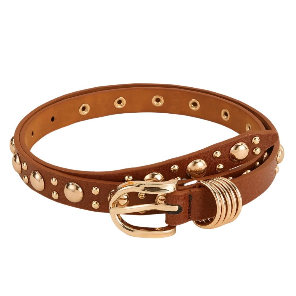 Brown leather belt with gold studs and buckle on a light beige background