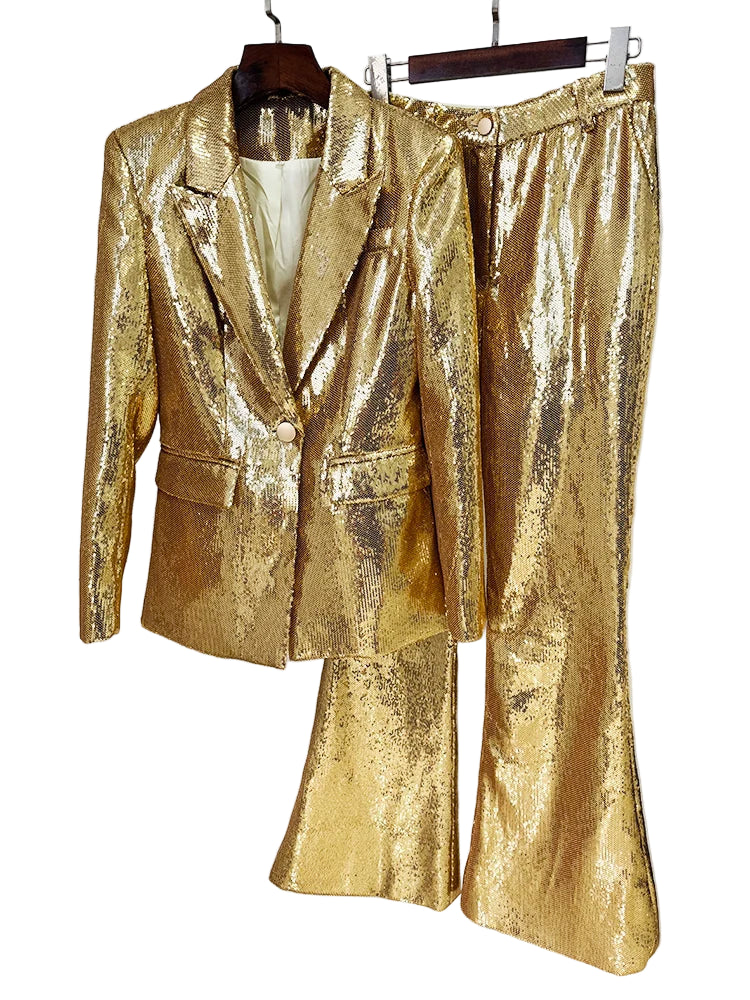 Gold sequin suit on hangers against a white background