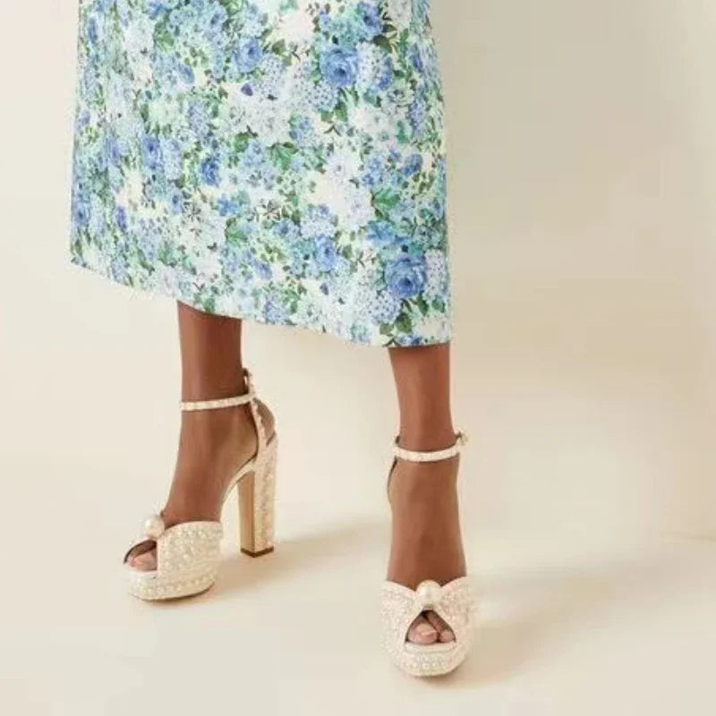 Pearl-Embellished Satin Platform Heels