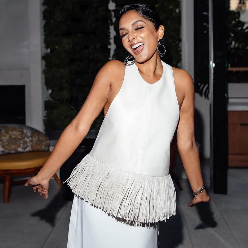Lucy Faux Leather Fringe Halter Top