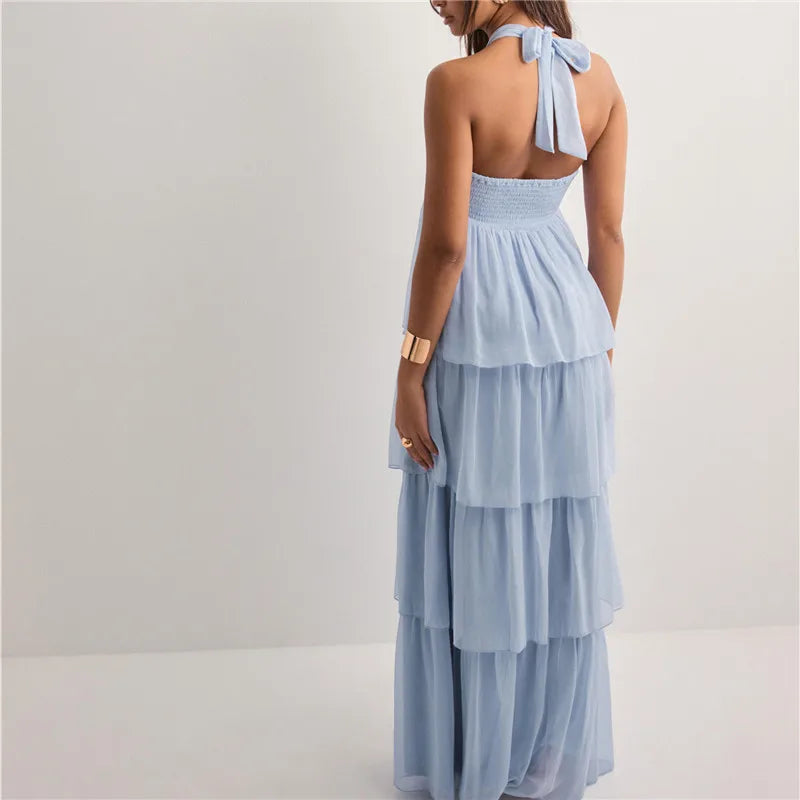 Side profile of woman in Jenny strapless tiered dress showing tiers