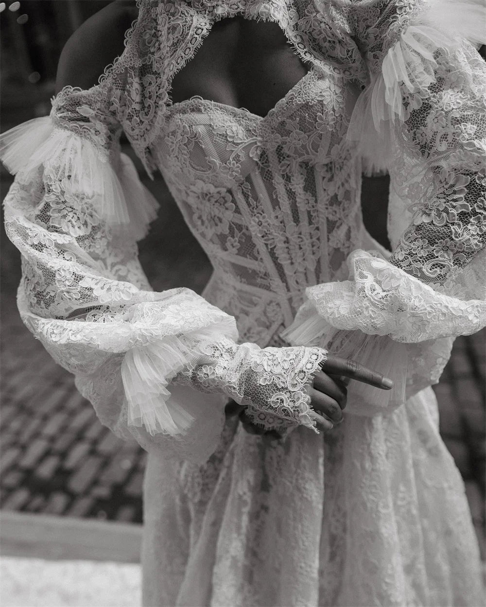 Seraphine Puff-Sleeve Lace A-Line Bridal Gown