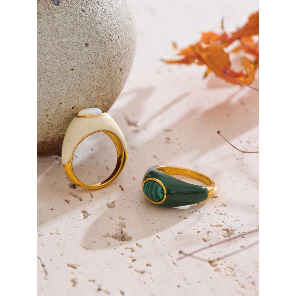 Enamel Natural Malachite Shell Ring — rings in green — close-up detail