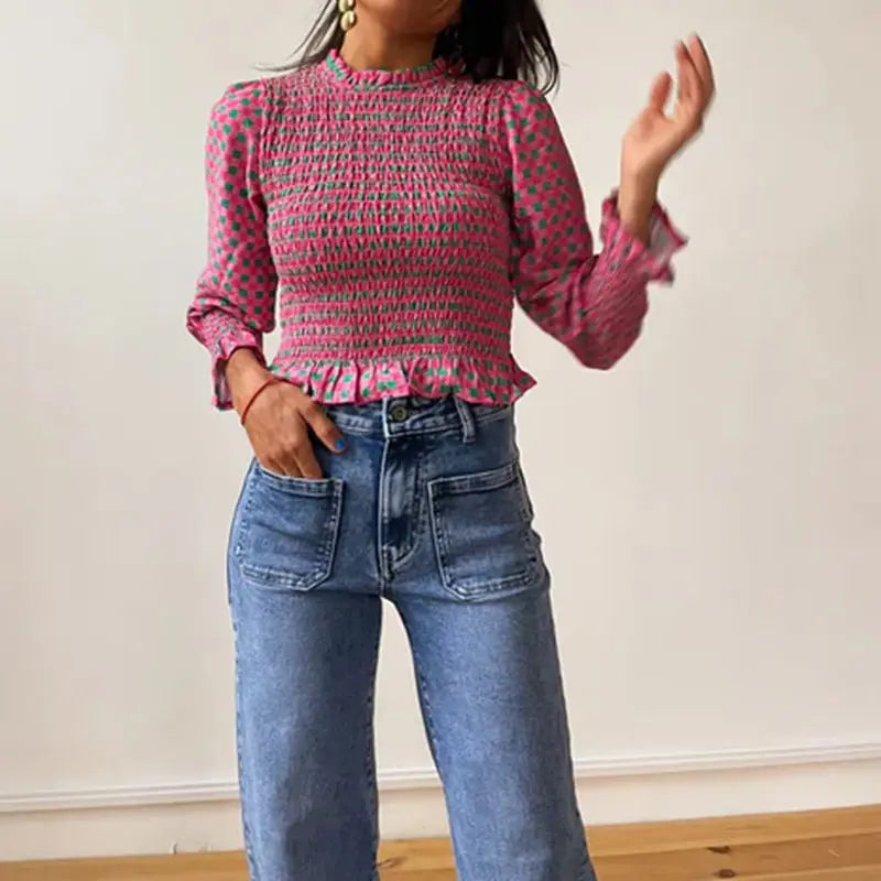 Tatiana Smocked Plaid Blouse — shirts & tops in orange — close-up detail