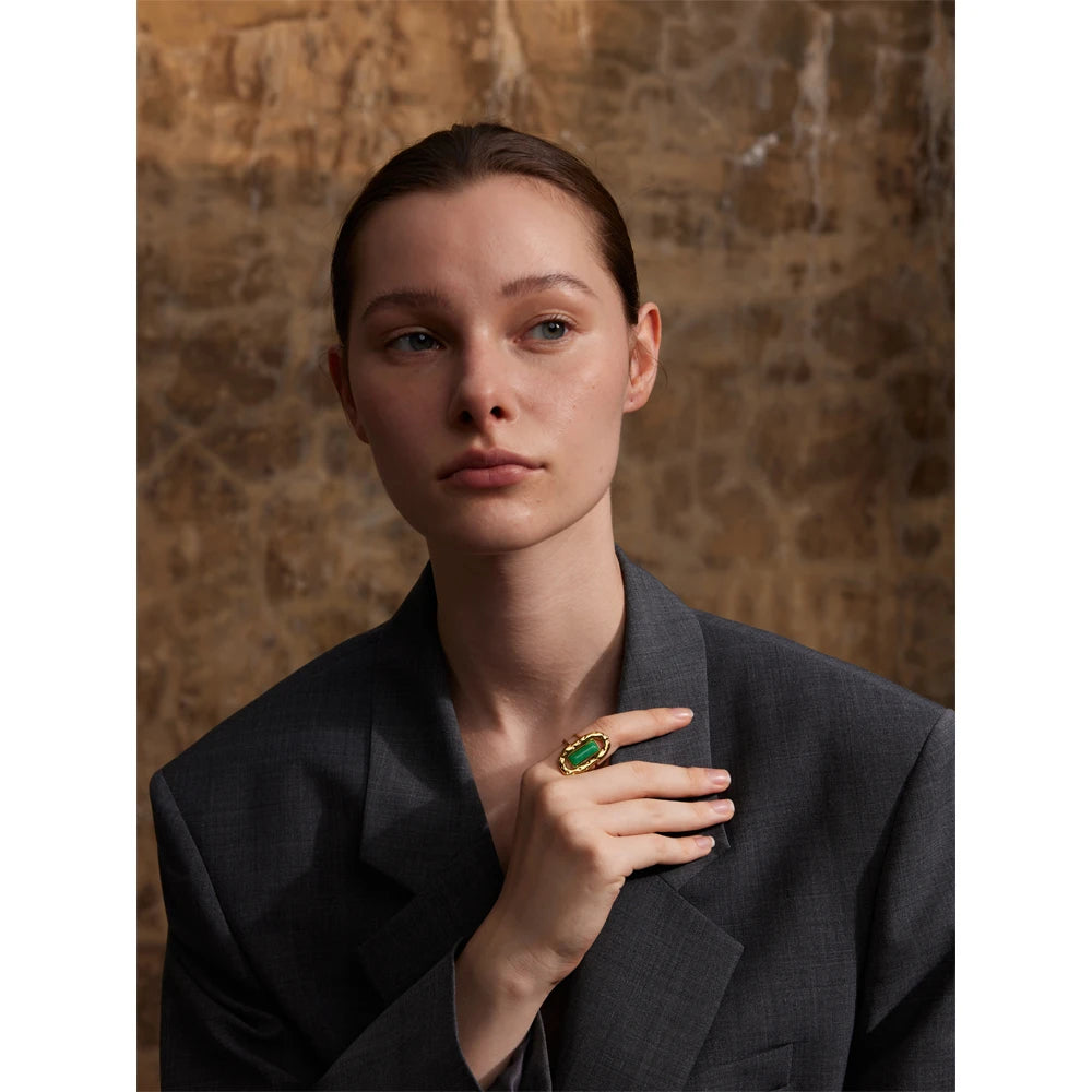 Green Agate Cuff Ring 18K Plated — rings in green — additional view