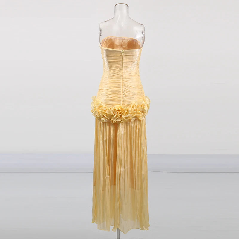 Full length view of woman wearing Teresa ruffled dress outdoors