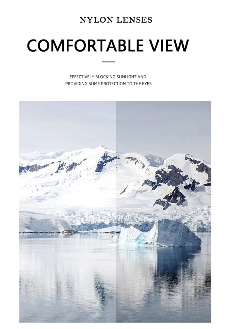 Iceberg in a icy landscape with text about comfortable view nylon lenses.