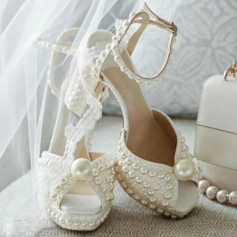 Pearl-Embellished Satin Platform Heels