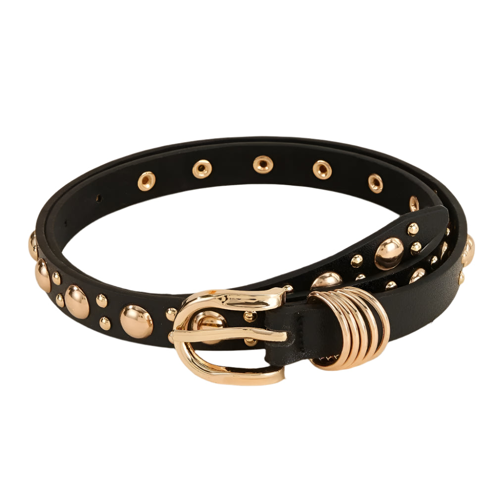 Black leather belt with gold studs and buckle on a light beige background