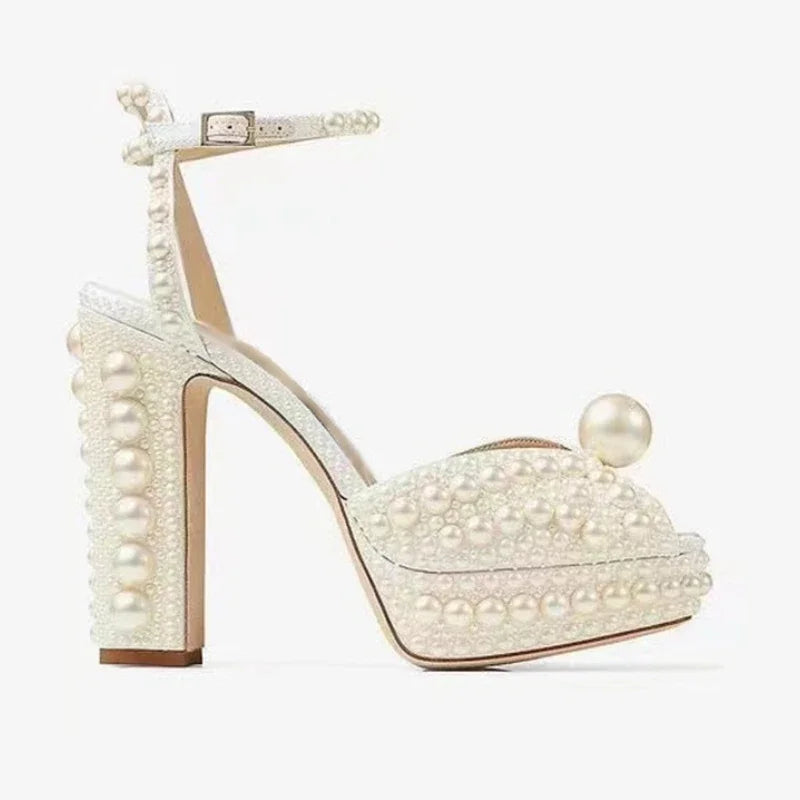 Pearl-Embellished Satin Platform Heels