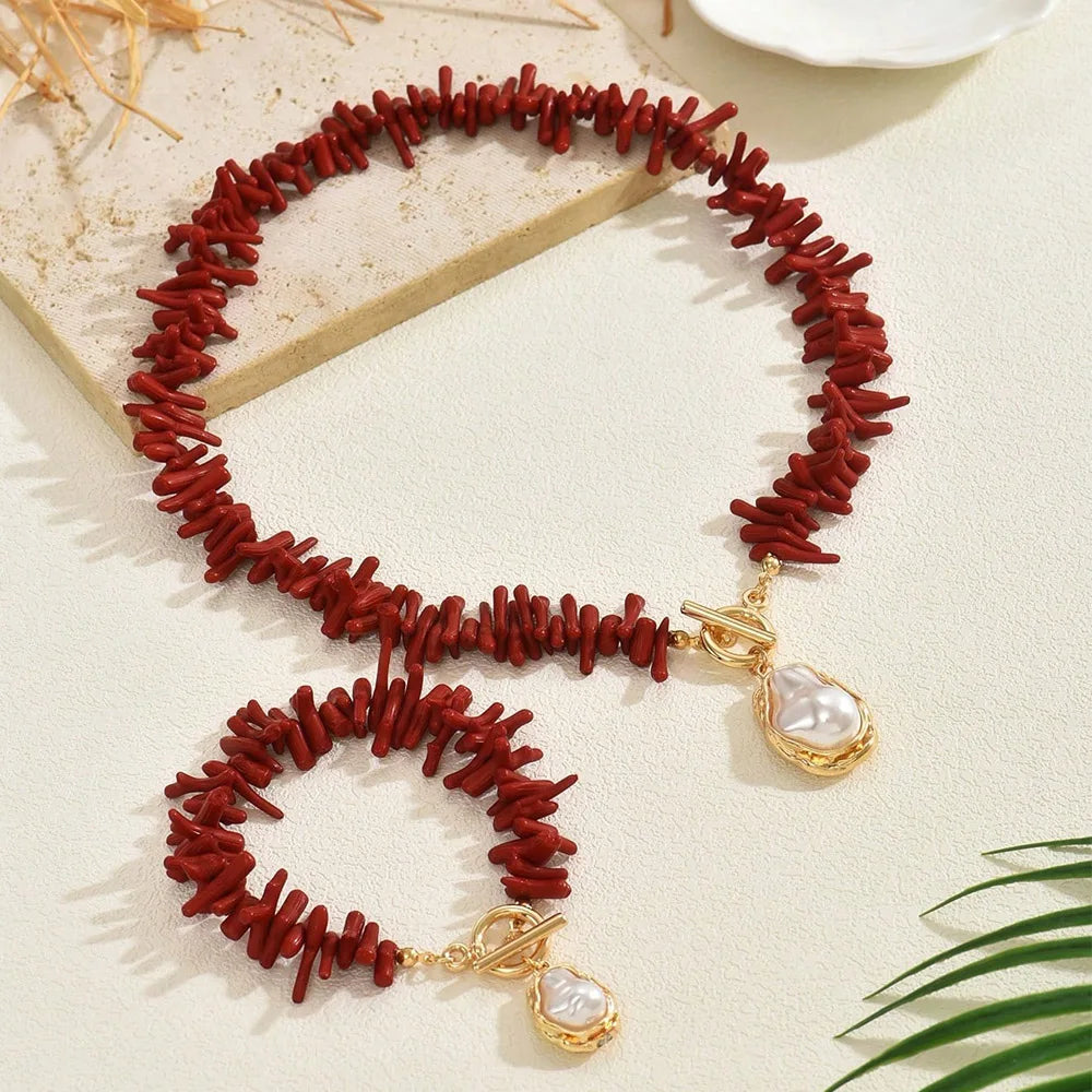 Red Coral and Faux Pearl Set