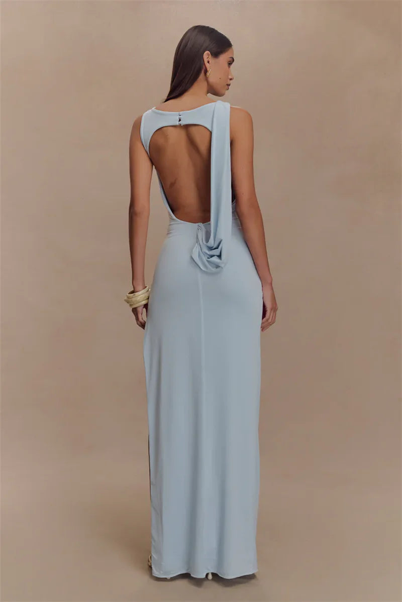 Paola Backless Ruched Dress – white – open-back detail
