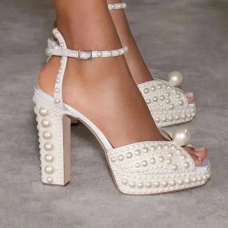 Pearl-Embellished Satin Platform Heels