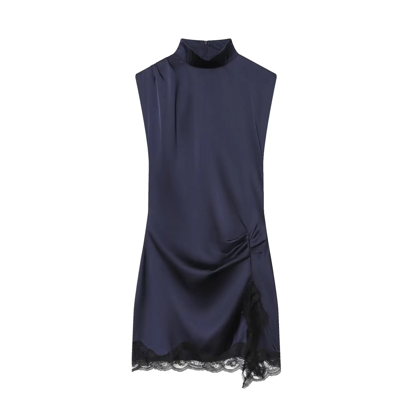 Navy blue dress with lace detail on a white background