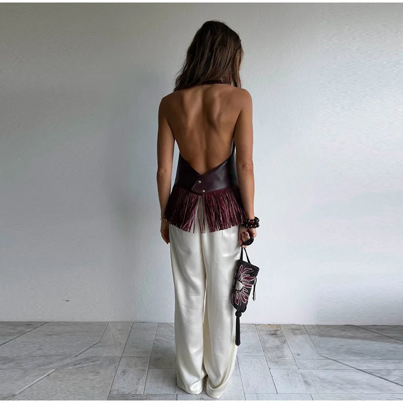 Lucy Faux Leather Fringe Halter Top