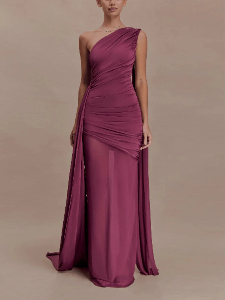 Amy One Shoulder Sheer Cape Dress
