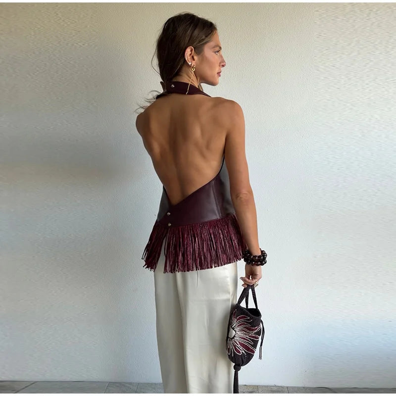 Lucy Faux Leather Fringe Halter Top