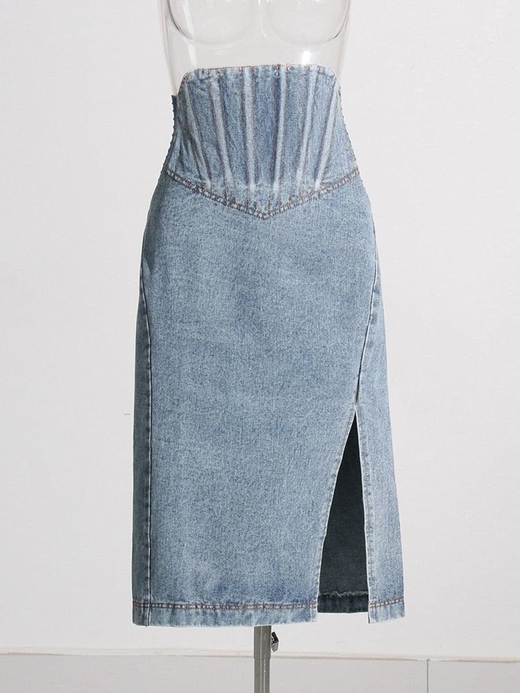 Isabelle High Waist Denim Skirt from The House of CO-KY - Skirts