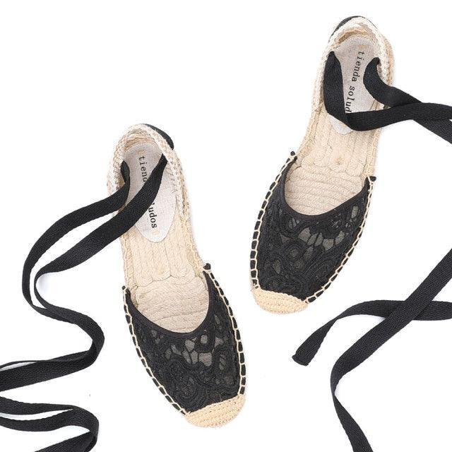 Lace T-strap Espadrille Flats - Black from The House of CO-KY - Shoes