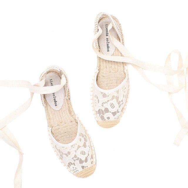 Lace T-strap Espadrille Flats - White from The House of CO-KY - Shoes